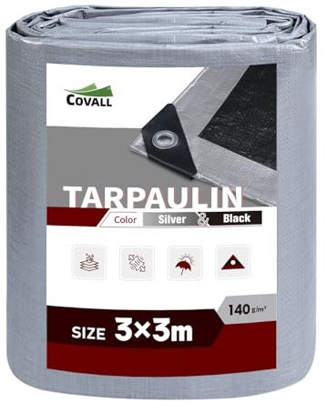 Covall Bâche Imperméable Bâches de Protection en Polyéthylène 140g/m² Robuste 3x3m Étanche Renforcé Trou Soudé Résistant à la déchirure Toit Polyvalent Pool Truck RV Camping Tente Jardin Argent/Noir.