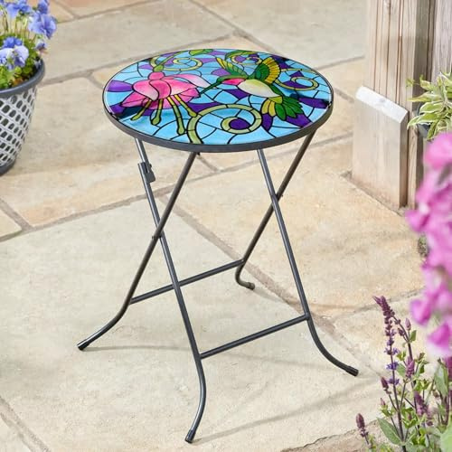 Marco Paul Table d'appoint pliante d'extérieur avec plateau en verre en mosaïque de colibri – Table basse unique pour jardin, patio, mobilier de jardin, table de bistrot en plein air (colibri)