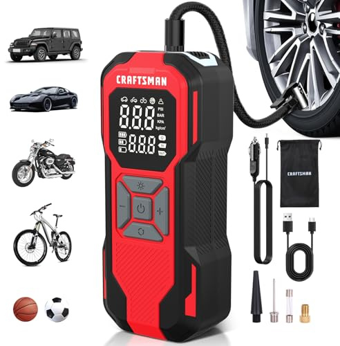 Craftsman Tire Inflator Portable Air Compressor - 20V Cordless Air Pump for Car Tires, 150PSI Upgrade High-Capacity Battery, Auto Shutoff Portable Tire Inflator for Car, LED Gauge & 12V DC Corded