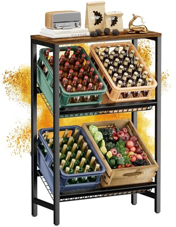 HFHOME Drinks Crate Rack for 4 Crates with Adjustable Shelf, Sturdy Metal Stand Drink Crates, Freestanding Box Stand for Kitchen, Basement, Garage, Bottle Crate Rack, Rustic Brown
