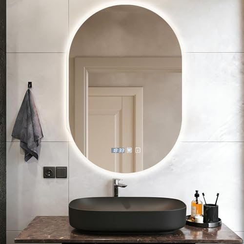 Dibaful 500mm 750mm Miroir de salle de bain ovale avec éclairage à intensité variable 3000K 4000K 6500K | Miroir de salle de bain avec interrupteur tactile antibuée | IP44 Étanche Miroir de salle de