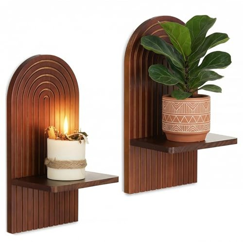 Walasis Mid Century Modern Candle Sconces: Set of 2 Walnut Boho Wall Candle Holder Decor for Living Room Fireplace - Arch Candle Shelf for Plants Pillars Candles