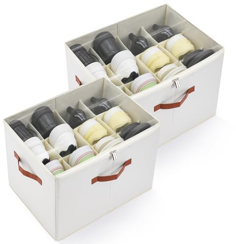 KitHero 2er-Set Schuhorganizer für den Schrank, faltbare Aufbewahrungsbox mit verstellbaren Trennwänden & Klarsichtdeckel, Platz für bis zu 12 Paar Schuhe, platzsparende Schuhboxen (weiß, mittel)