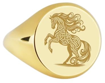 LKBEADS Häst i 925 sterlingsilver | Guldpläterad ring | Sigillring i rund form, 14 x 14 mm | Bandstorlek US 5–12,5 Avelaibal | LKDR_0017