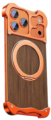 HUHUCASE Oregelbundet format valnötsträ fodral för iPhone 17 Pro Max, med magnetiskt 360° roterande stativ och fyra hörn krockkuddar. (iPhone16promax, orange)