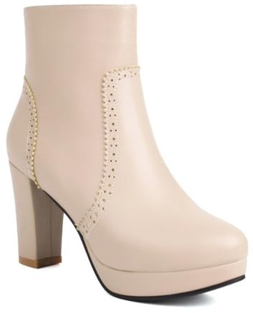 Botas de tobillo con plataforma de tacón de bloque para mujer, punta redonda, punta de ala, con cremallera lateral, zapatos cálidos de felpa de invierno, albaricoque, 40 EU