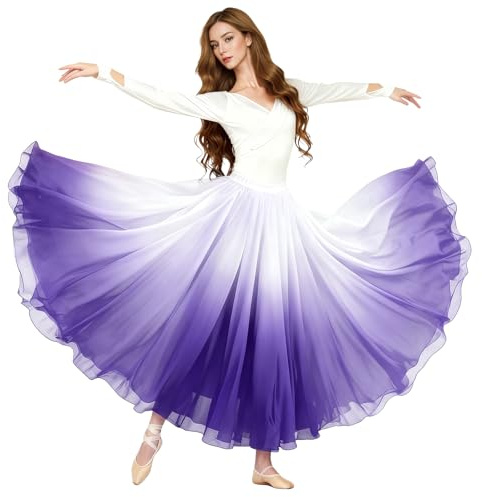 Baisdan Jupe Danse Orientale en Chiffon pour Femme, Jupe Flamenco pour Danse du Ventre et Spectacles Blanc Violet