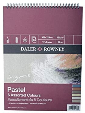 Daler-Rowney Ingres, Pastel Paper, Laid Texture, 160 gsm, 109lb, Spiral Pad, 9 x 6in - approx. 22.9 x 15.2 cm, 6 Assorted Colours, 24 Sheets