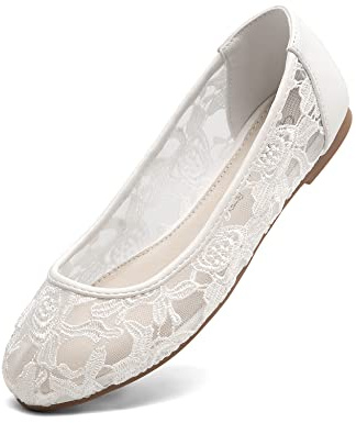 Greatonu Women's Ballet Flats Round Toe Slip on Lace Ballerina Flat Comfortable Wedding Casual Dressy Floral Flats Shoes White 10