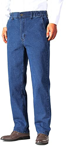 Soojun Mens Elastic Waist Jeans Relaxed Fit with Zipper and Button, Blue, 34W x 30L