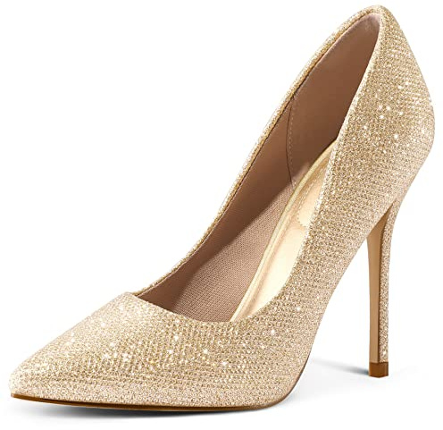 mysoft Women's High Heels Pumps Closed Pointed Toe Stiletto 4IN Heels Dress Wedding Shoes Gold Glitter