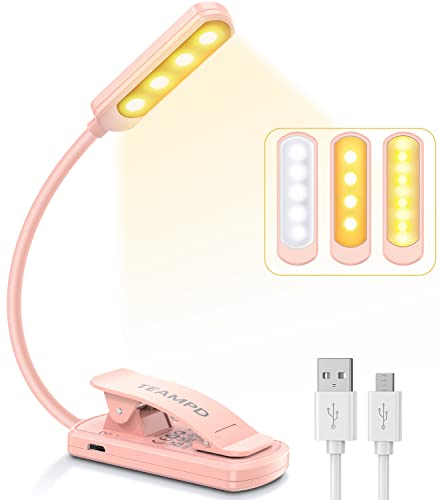 TEAMPD Leselampe Buch Klemme, Buchlampe mit 10 LEDs, 3 Farbtemperatur Modi(Warm/Kühl/Weiß), Augenschutz Klemmlampe, USB Wiederaufladbare Klemmleuchte,360° Flexibel für Nachtlesen ins Bett,auf Reisen