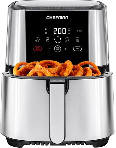 Chefman TurboFry Touch Heißluftfritteuse, 4.75L Familiengröße, One Touch Digital Control Voreinstellungen, Pommes, Hähnchen, Fleisch, Fisch, Spülmaschinenfest, Automatische Abschaltung, Edelstahl