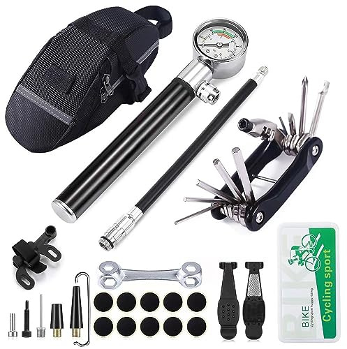 YBEKI Bike Tire Repair Kit with 210PSI Mini Pump & 10-in-1 Multi-Tool | Includes Chain Breaker, Glueless Patches, Tire Levers & Portable Bag | for Road, Mountain & BMX Bicycles