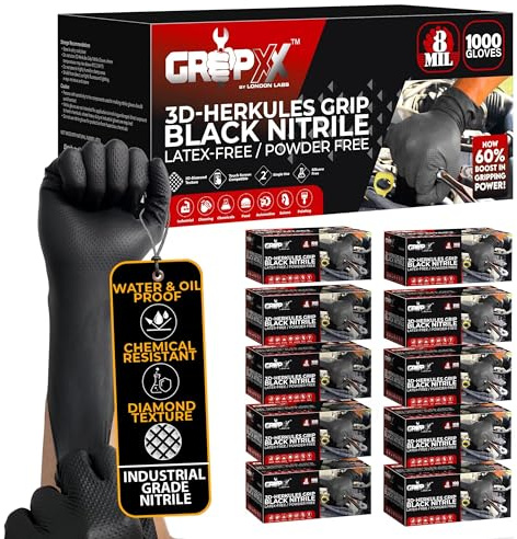 GRIPXX Herkules Grip Heavy Duty 8Mil Black Nitrile Gloves,3D Raised Diamond Texture-Latex & Powder-Free-Industrial, Mechanic (1000, X-Large)