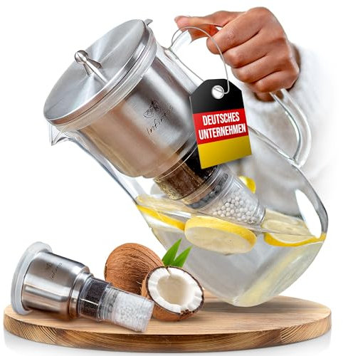 INFINTOS Glas- Wasserfilterkaraffe mit Aktivkohlefilter, Mineralsteinen - gegen Schwermetalle, Legionellen, Kalk - Trinkwasser Wasserfilter für deine Küche