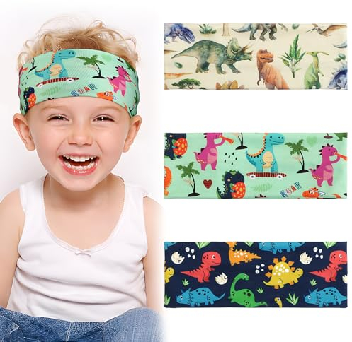 BETESSIN 3 Stück Haarband Jungs Dinosaurier Kinder Stirnband Jungen Sport Haarbänder Elastisches Kopfband Mädchen Breite Sportstirnband Headband für Schule Sport Freizeit in 3 Stilen