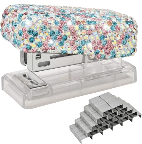 Blueshyhall häftapparat glitter liten, bling minihäftpistol med diamantstrass, minihäftapparat, set med 1 000 stycken 26/6 häftklamrar, häftapparat liten mini för kontor skrivbord (blårosa)