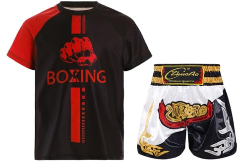 Oyolan Barn pojke boxning shorts och T-shirt boxningsset kampboxningsset Muay Thai MMA sparkar boxning outfit, Röd, vit och svart, 11-12 ans