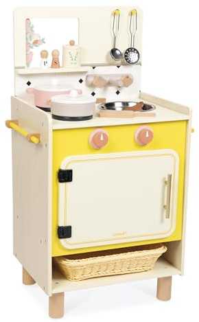 Janod - Cucina per Bambini in Legno - Dotata di Forno, lavello e 11 Accessori Inclusi - Pulsanti sonori rotanti - da 2 Anni, J06641
