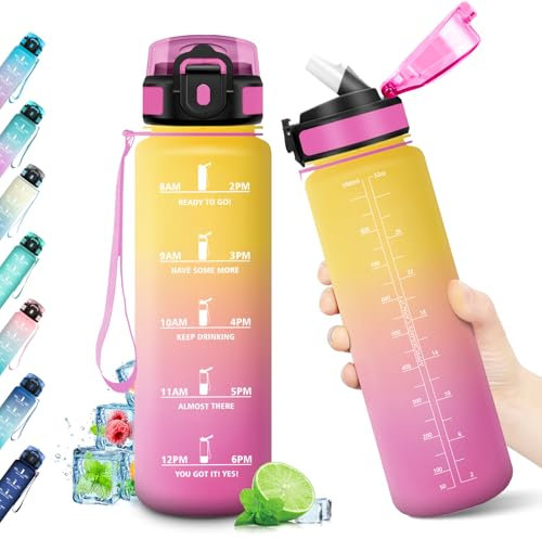 Gourde Sport 1L, Bouteille d'eau avec Paille, Gourde Réutilisable, Bouteille sans BPA, Étanche, Bouteille Sport pour l'école, Bureau, Sport, Yoga, Fitness, Randonnée et Activités en Plein Air
