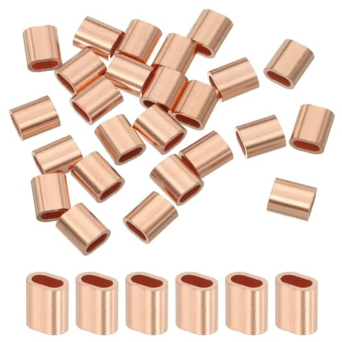 sourcing map 1/16(2mm) Wire Rope Stop Sleeve, Copper Crimping Loops Sleeve Oval Crimp Ferrules for Wire Rope and Cable Ferrule, Gold 25Pcs