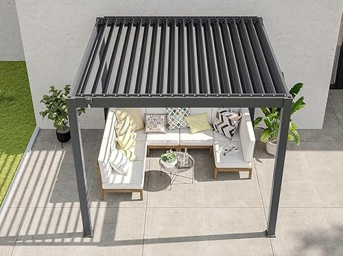 AURORA Pergola Bioclimatica Autoportante - 3x3 mt - Grigio Antracite - Lamelle Orientabili - Tenda Inclusa