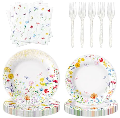 100 PCS Wildflower Spring Paper Plates Forks and Napkins Set, Wild Flower Party Supplies Disposable for Summer Floral Baby Shower Tea Wedding Birthday Decorations, Tableware Set Serve 25