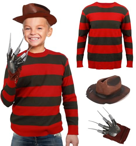 Costume Freddy 3 pièces pour enfants : pull, chapeau, gant de griffe, Krueger à rayures rouges et vertes, déguisement d'Halloween et de costumade pour garçons et filles de 3 à 14 ans
