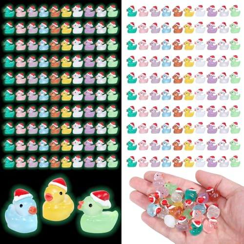 100 patos de resina de Navidad pequeños patos de plástico luminosos pequeños patos de Papá Noel con sombreros para rellenar calcetines de Navidad, rellenos de bolsas, recuerdos de fiesta, jardín de
