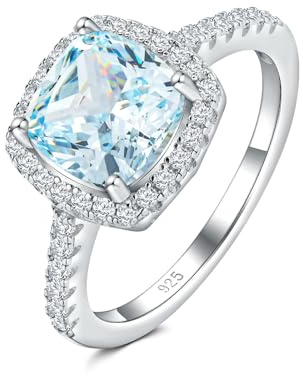 Cushion Cut Aquamarine Rings for Women 925 Sterling Silver Enagagement Ring Wedding Anniversary Jewelry