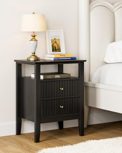 HEYZOEY Mesita de noche retro con 2 cajones, mesita de noche de madera maciza, estilo bohemio, para dormitorio, salón, color negro