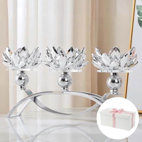 Crystal Candle Holder, Silver Candle Stand with Gift Box, Elegant Centrepiece for Table, Modern Ornaments for Living Room Wedding, Dinning Room, Coffee Table, (3 Arms, Tealight Candle)