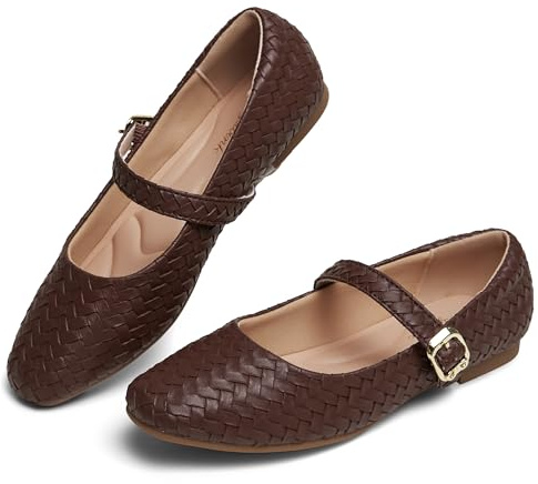 hingswink Mary Jane Shoes Women Flats Ballet Flats with Strap Square Toe Buckle MaryJanes for Women Dressy Comfortable,PUCoffee, Size6