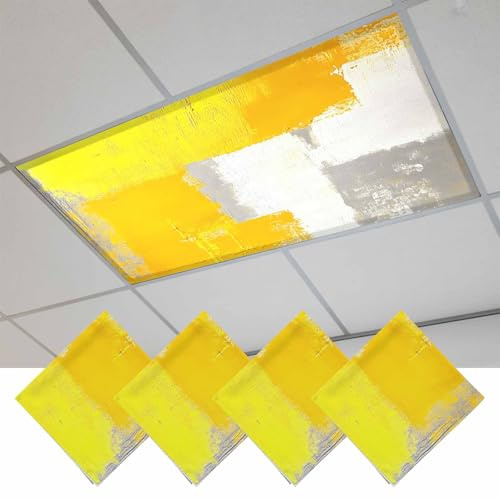 Fluorescent Light Covers, Yellow Gray Magnetic Light Covers for Ceiling Lights, Modern Abstract Geometric Oil Painting Fluorescent Ceiling Shade Filters for Classroom Bedroom Office 4x2Ft x 4PCS