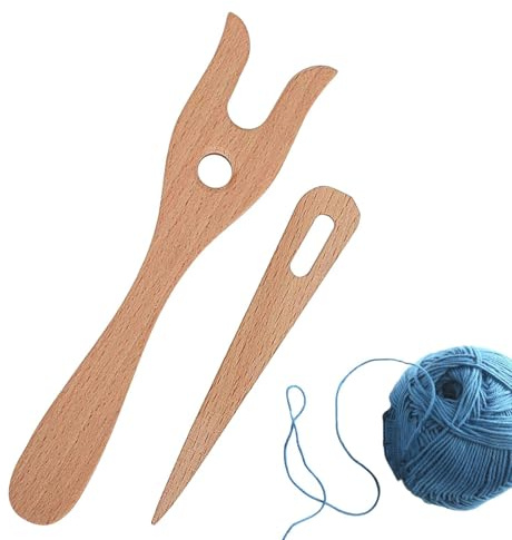 Juego de tejer de tenedor rústico, herramientas de ganchillo, herramientas de manualidades, trenza de madera natural, equipado con una aguja con un agujero grande, adecuado para tejer decorativo