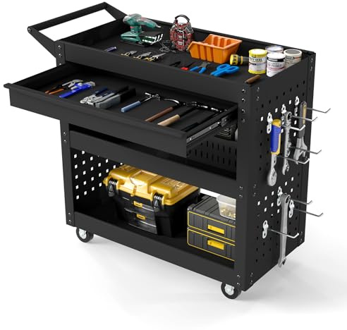 COSTWAY Carrello Portautensili a 3 Ripiani con Ruote, Carrello Attrezzi in Metallo con Cassetto Grande, 2 Pannelli Forati e 8 Ganci, Carrello di Servizio per Garage e Officina, Portata 250 kg