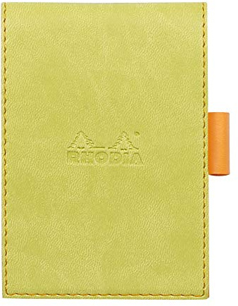 RHODIA 118206C - Étui Porte-Bloc+ Bloc-Notes Agrafé N°11 Anis - A7 8,4 x 11,5 cm - Ligné - 80 Feuilles Détachables - Papier Clairefontaine Blanc 80 g/m² - Porte-Crayon - Simili Cuir - Collection rama