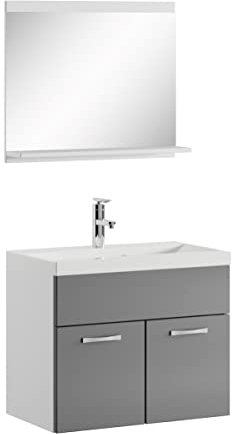Badplaats B.V. Badezimmer Badmöbel Set Montreal 02 60cm Waschbecken Hochglanz Grau Fronten - Unterschrank Waschtisch Spiegel Möbel