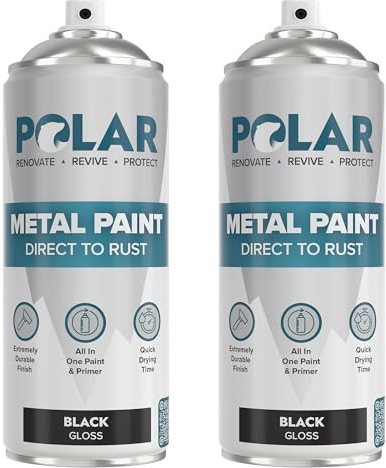 Polar Direct to Rust Gloss Black Metal Spray Paint - 2 x 400ml - Perfect for Metal, Wood, Furniture, Rust - Outdoor & Indoor Surfaces - Easy to Apply - 3 in 1 Primer, Undercoat & Topcoat