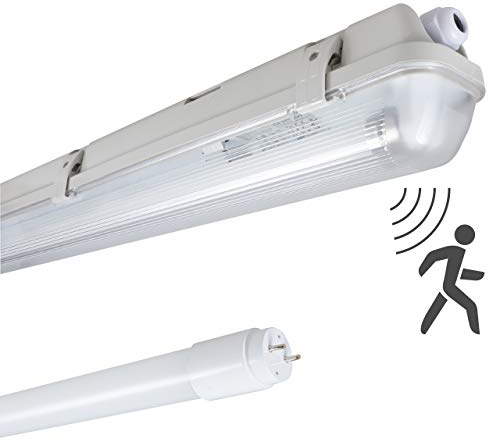 Proventa Feuchtraumleuchte mit HF-Bewegungsmelder und LED-Röhre 120 cm, 14 W, 2.100 Lumen, 4.000 K, IP65, 50.000h, IK08, Kunststoff grau, Flackerfrei