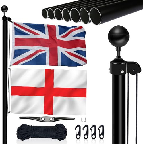NQ Mâts de drapeau de 6 m pour jardin, kit de mât de drapeau sectionnel en aluminium robuste avec drapeau britannique, mât de drapeau britannique, corde de mât de drapeau, mât de drapeau extérieur au