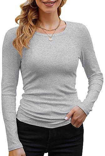 GEMBERA Camisas básicas ajustadas de manga larga acanaladas con cuello redondo para mujer, Camisetas, Gris jaspeado, M