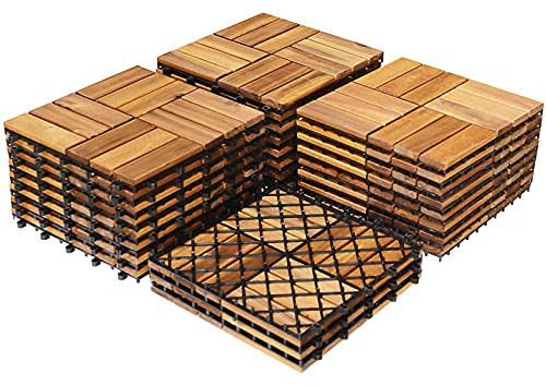COSTWAY Holzfliesen Balkon 30 x 30CM, Akazienholz, 27er Set Terrassenfliesen 2,43m², Balkonfliesen mit Klicksystem, Bodenbelag wetterfest für Terrasse, Balkon & Garten, Holzfarbe (Karo Muster)