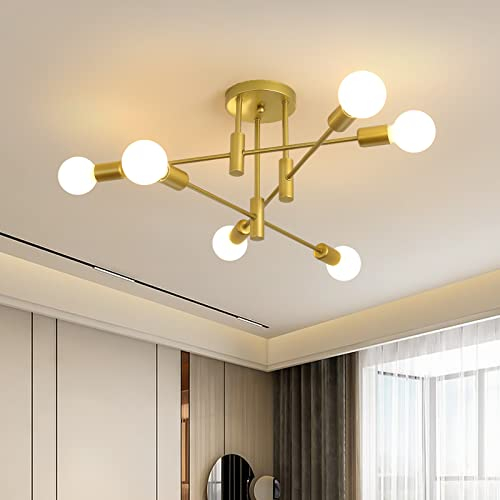 JIINOO Kronleuchter Moderne Pendelleuchte 6 Lichter Metall Industrielle Vintage Halterung Kronleuchter für Wohnzimmer Esszimmer Schlafzimmer Foyer, Gold