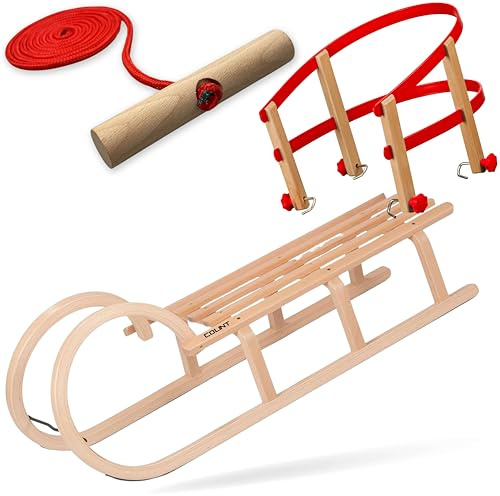 Explorer Colint Holzschlitten mit Rückenlehne für Kinder ab 1 Jahr und Erwachsene Set Schlitten Holz Hörnerschlitten mit Leine und Kunststoff/Holz Rückenlehne in Rot 110cm