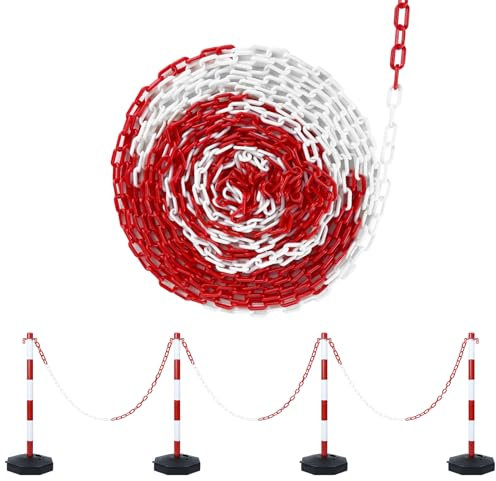 LZQ Chaîne de signalisation, bicolore, rouge et blanche, 25 m, en plastique, 6 mm d'épaisseur, chaîne de sécurité pour chantier, parking