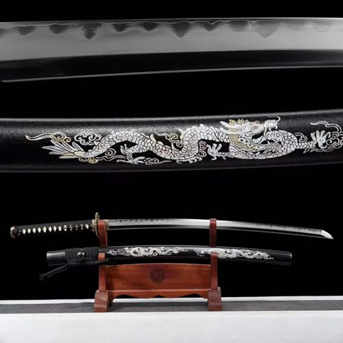 【Schönheit der Kalter Waffen】 Echtes handgefertigtes Samurai-Schwert mit hölzerner Drachenmusterscheide,dreiteiliger T10-Stahl-Klinge mit Musterstahl,Geschnitzte Handschützer aus reinem Kupfer