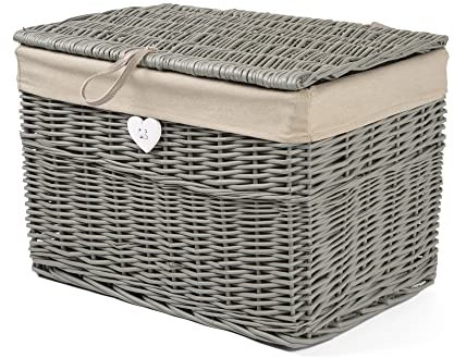 green leaves Large Wicker Basket with Lid with Liner Trunk Baby Nursery Toys Blanket Storage Chest Basket (Grey, Medium)