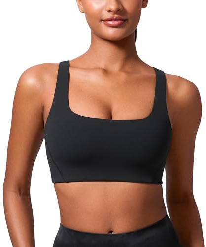 CRZ YOGA Butterlift Double Lined Square Neck Sports Bras for Women - Wireless V-Shaped Racerback Workout Yoga Top Non Padded Black Small
